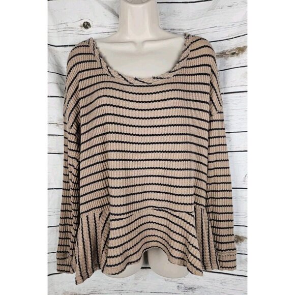 We the Free People Brown Striped Ribbed Knit Top L Peplum Ruffle Womens - Picture 1 of 6